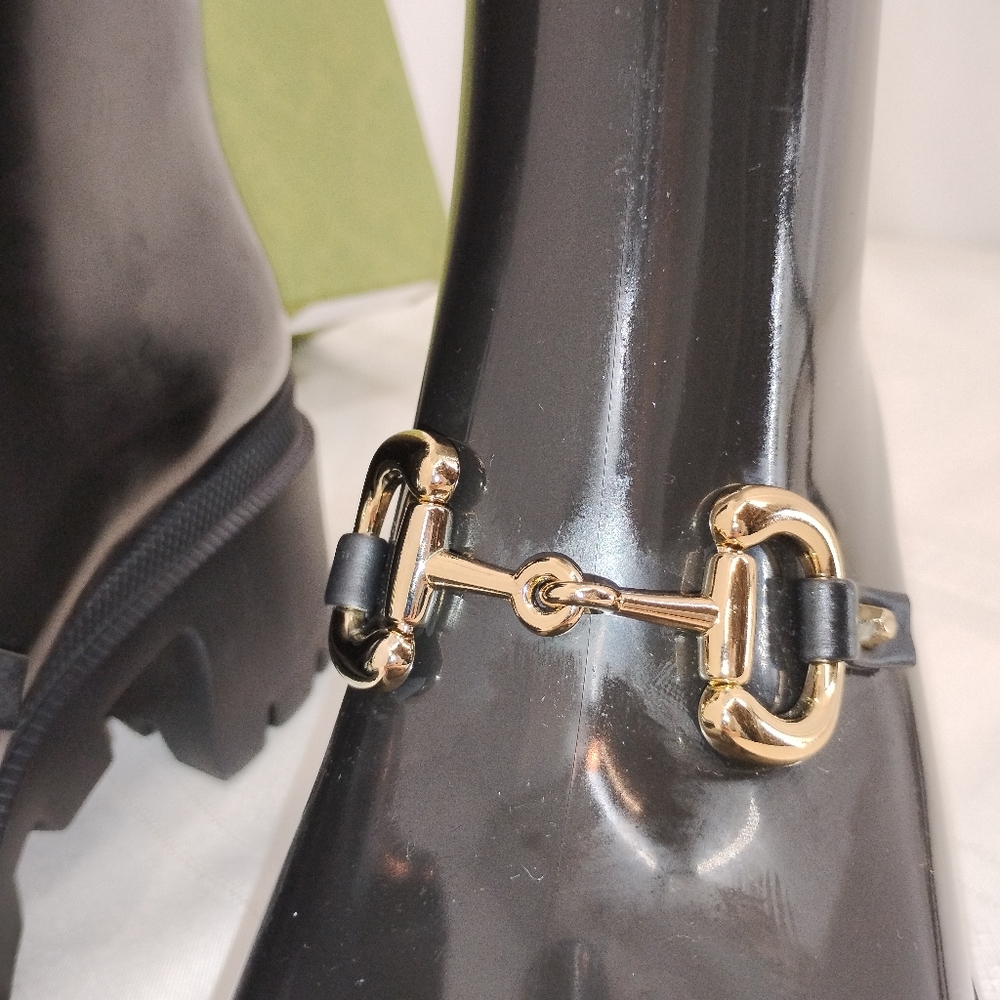 GUCCI Luxe Horse Bit Boots SNAKE ON BOTTOM! Black Rubber Snow or Rain - Picture 7 of 13
